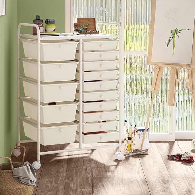 DORTALA 15-Drawer Rolling Storage Cart with Drawers, Rolling Utility Cart w/Removable Drawers & Universal Wheels, Tools Scrapbook Paper Organizer for School, Office, Home, Classroom (Ivory)