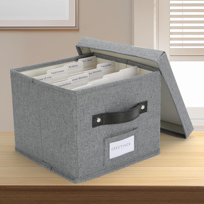 TARSUKA Greeting Card Organizer with dividers - Storage Box with lid Holds 150+ Cards - Assortment Box for Greeting Cards,Recipes, Photos, Envelopes, Keepsake - 9 x 9 x 7 Inches (Gray, 1 pcs)