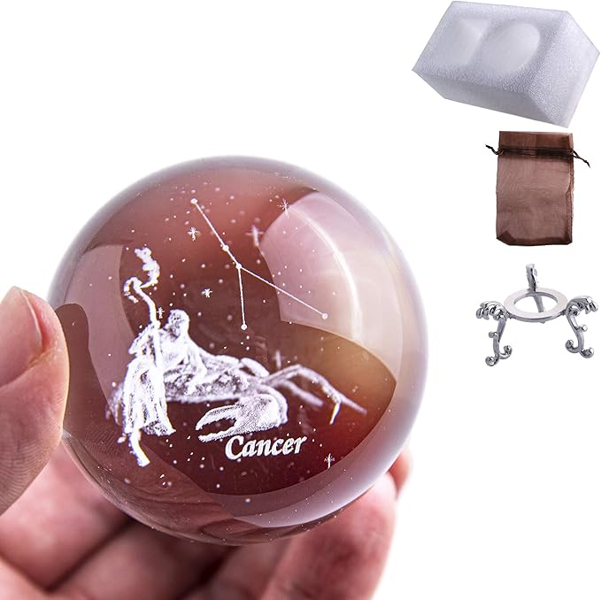 HDCRYSTALGIFTS Crystal 3D Constellation Crystal Ball 60mm Crystal Paperweight Full Sphere Glass Fengshui with Sliver-Plated Flowering Stand(Cancer)