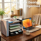 OPNICE Desk Organizer, 5-Tier Paper File Organizer with Drawer & Pen Holder, Office Desk Accessories, Workspace Desktop Organizer for Office Supplies(Brown Wood)