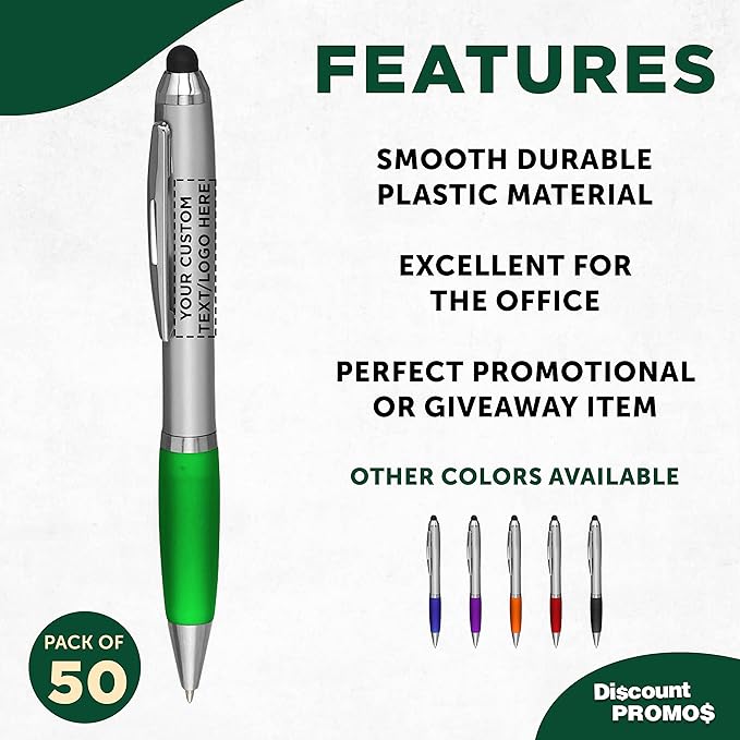 DISCOUNT PROMOS Custom Stylus Ballpoint Pens Set of 50, Personalized Bulk Pack - Black Ink, Great for Office, School, Business, Tradeshows, Events - Green