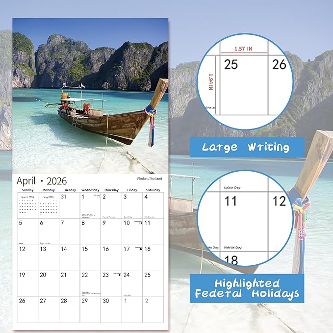 2026 Wall Calendar,Calendar 2026, January 2026 - December 2026, Wall Calendar BEACHES, 12" x 24" Opened,Full Page Months Thick & Sturdy Paper for Calendar Organizing & Planning
