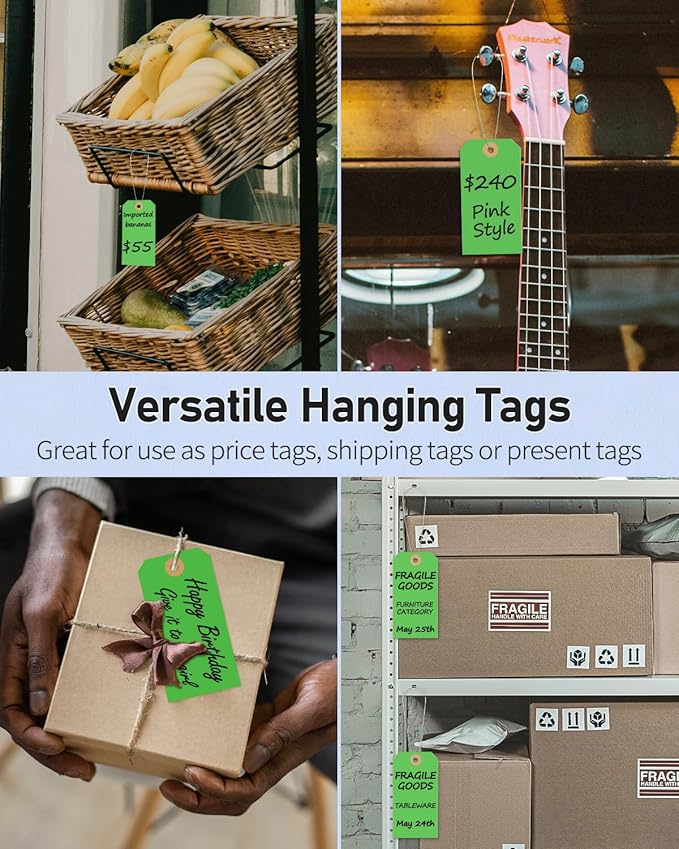 Uniclife 100 Pcs Green Blank Shipping Tags with Wire Attached 4.7 Inch Paper Tags Hang Tag with Reinforced Eyelet Large Marking Label Writable Price Inventory Label Tag, 4.7" x 2 3/8"