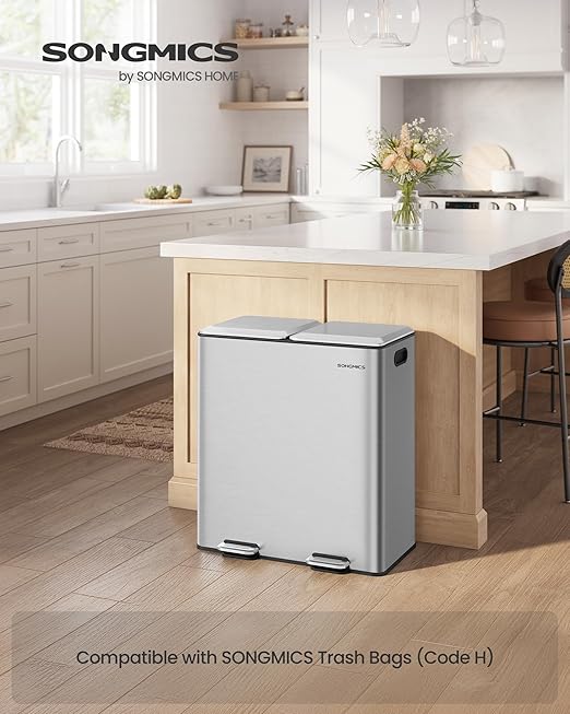 SONGMICS Trash Can, 2 x 8 Gallon (2 x 30 L) Double Garbage Can with Soft-Close Lids, Removable Inner Buckets, Pedals, Stainless Steel, for Waste and Recycling, Metallic Silver ULTB743E01