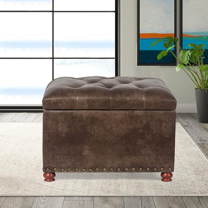 Decent Home 24'' Leather Ottoman with Storage Rectangle Foot Rest Ottomans Stool for Living Room(Brown,Leather Texture)