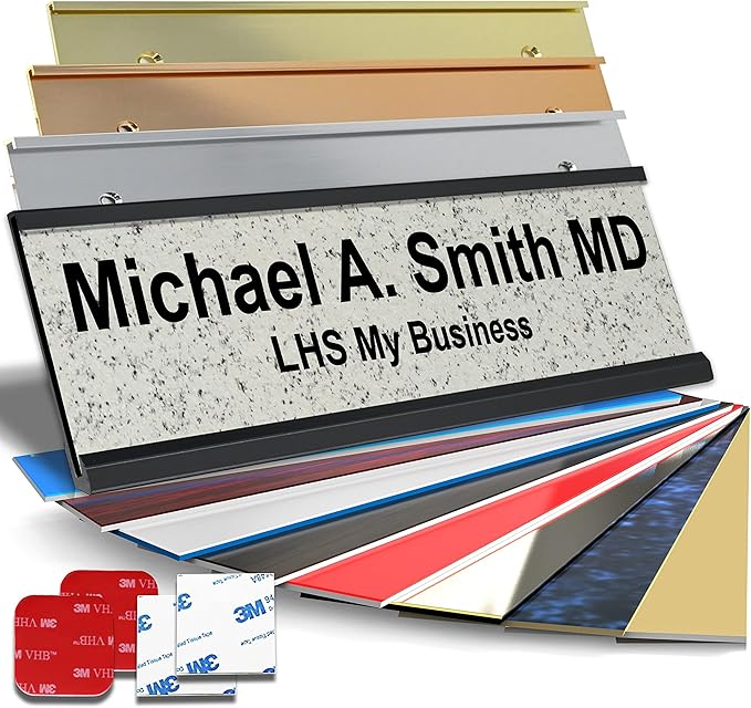 Custom Name Plate with Choice of Mounting for Walls, Doors, Desk Holders, Cubicles, Hanging and More - Personalized Solarious Stone Plastic Black Letters - USA Made 2x8 - S3