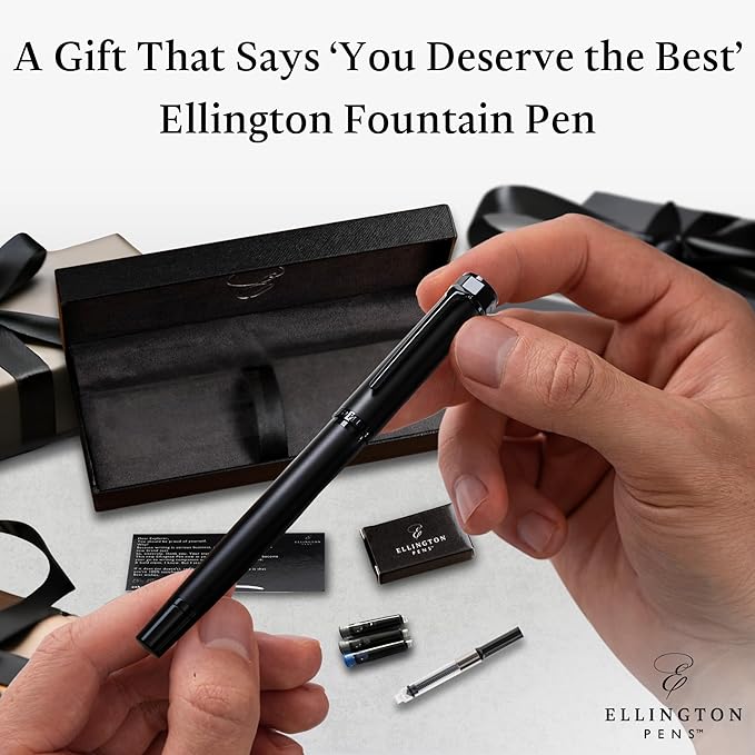 Ellington Pens Luxury Fountain Pen Set - Extra Fine Nib - Includes 3 Ink Cartridges, Refillable Ink Converter, Gift Box - Fountain Pens For Writing, Calligraphy, Journaling, Sketching (The Stealth)