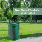 Zedfire 36 Gallon Green Waste Bin with Flat Lid, Outdoor Heavy-Duty Commercial Trash Can Steel Slatted, Round Recycle Container, Durable Garbage Can for Parks, Municipalities, Parking, Schools