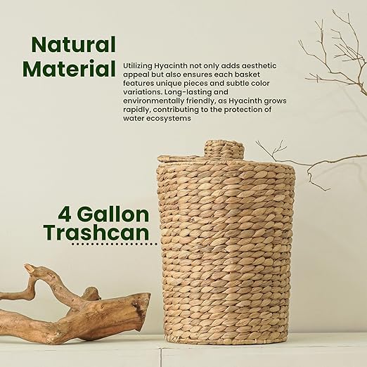 Tidita 4 Gallons Wicker Waste Basket - Water Hyacinth Bathroom Garbage Can with a Lid - Bathroom Trash Can Boho Style - Wicker Trash Can with Lid for Household, Kitchen - Removable Liner, Iron Frame