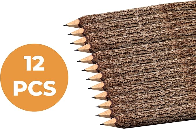 BSIRI Wooden Pencils Rustic Bark Twig Natural Wood Pencil 12 Pack 5 Inch for Kids Classroom Woodland Party Favors Camping Day Decorations Camp Themed Supplies Novelty Gifts