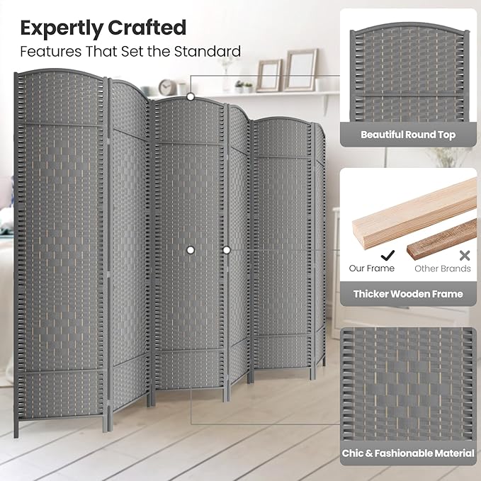 Cocosica Folding Room Divider, Weave Fiber Privacy Screen, Extra Wide Room Screen Divider Separator, Decorative Separation Wall Divider, Freestanding Room (Grey, 6-Panel)
