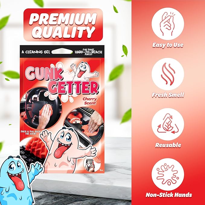 Gunk Getter, Cleaning Gel for Those Hard to Reach Places, Automotive Cup Holder Electronic Keyboard Office, Slime Gel Cleaner Dust Crumb Removal (Cherry, 12 Pack)