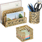 EasyPAG Desk Organizers and Accessories 3 Pieces Office Organizer Set - Pen Holder for Desk, Mail Sorter Countertop and Sticky Note Holder, Gold