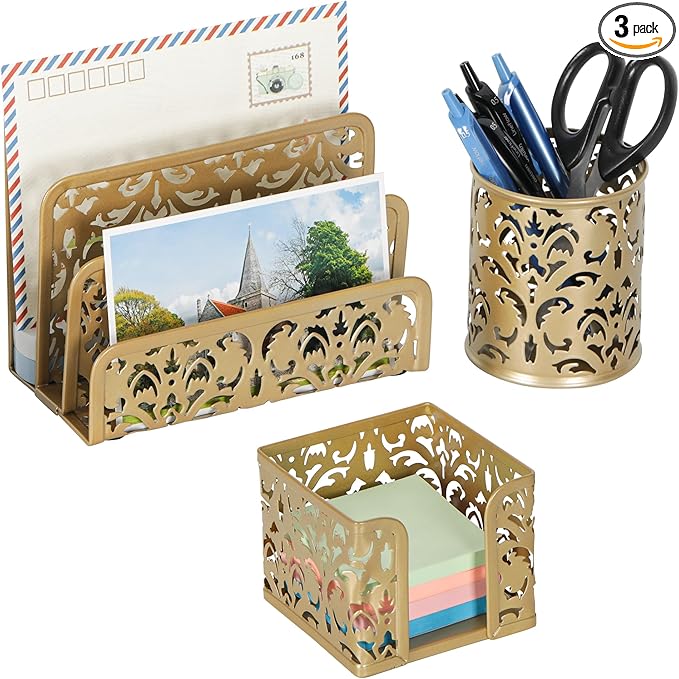 EasyPAG Desk Organizers and Accessories 3 Pieces Office Organizer Set - Pen Holder for Desk, Mail Sorter Countertop and Sticky Note Holder, Gold