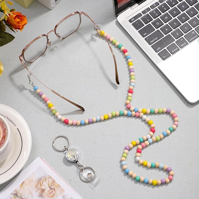 Lanyards for ID Badges Teacher Gifts Cute Wooden Beaded Lanyard with ID Holder Retractable Badge Reel Keys Eyeglass Chains for Women