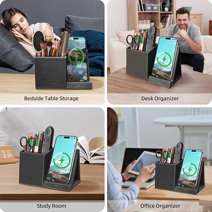 TopMade Wireless Charger with Pen Pencil Holder, Leather Mltifunctional Desk Nightstand Organizer, Fast Charging Station Remote Control Holder, Office Supplies Desk Accessories, Gifts for Men(Black)