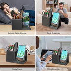 TopMade Wireless Charger with Pen Pencil Holder, Leather Mltifunctional Desk Nightstand Organizer, Fast Charging Station Remote Control Holder, Office Supplies Desk Accessories, Gifts for Men(Black)