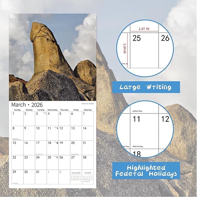 Gag Gifts 2026 Funny Wall Calendar, Natures Calendar for White Elephant Gifts with Thick Paper, November 2025 - December 2026, 14 Monthly Planner Organizer with Nature D'ck Pics, 12" x 24" Opened