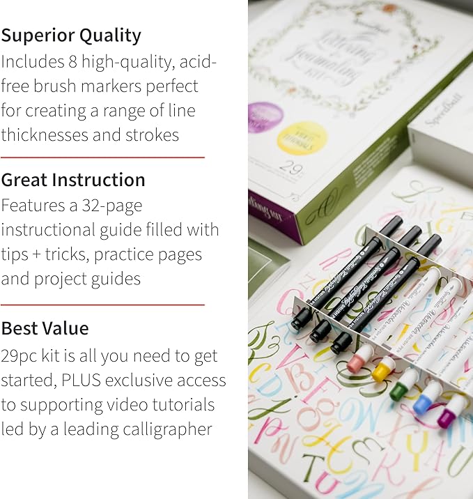 Speedball Hand-Lettering & Journaling Set, Brush Tip Pens Calligraphy, Beginners, Bullet Journaling Pens For Writing, Calligraphy Book, Bullet Journal Coloured Writing Pens, Creative Lettering
