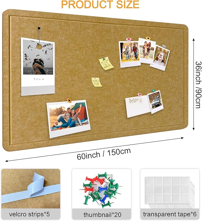 Yunihome Large Bulletin Board - Foldable 36x60 Inches Cork Board Alternative with 20 Push Pins, 5' x 3' Self-Adhesive Felt Bulletin Board for Wall, Home Office Classroom Decor