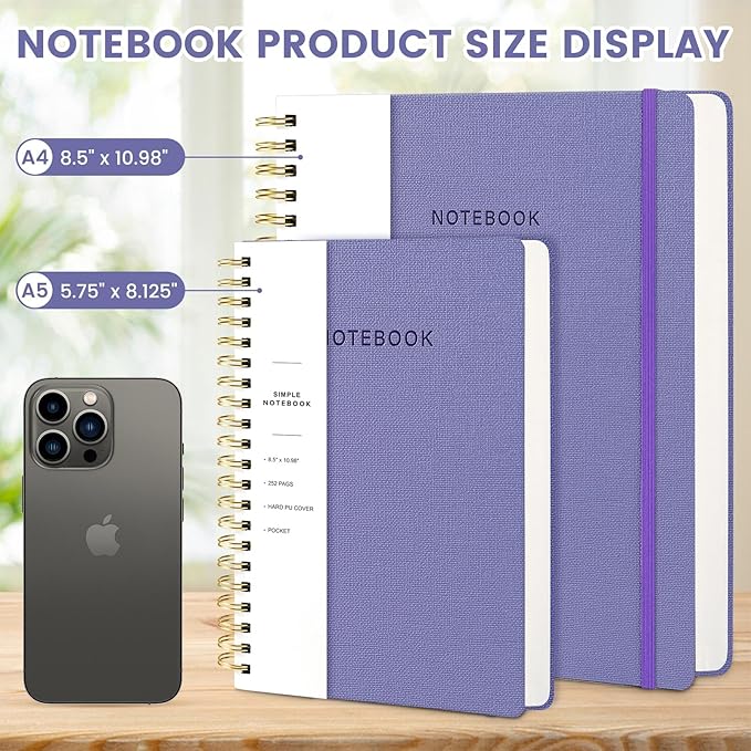 Oneirom Spiral Notebook - 8.5 x 10.98 Inch Large Hard Cover Notebook with Elastic Band & Pocket, 252 Pages, Lay Flat Wirebound Journal for Work, School, Planning & Note Taking Violet