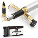 Dryden Designs Fountain Pen - Medium and Fine Nibs | Includes 24 Ink Cartridges and Ink Refill Converter | Calligraphy Pen, Consistent Writing, Smooth Flow - Pearl White.