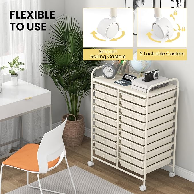 Happygrill 20-Drawer Organizer Cart Tools, Mobile Utility Storage Cart with Removable Drawers & Lockable Wheels, Rolling Storage Cart with wheels for Home Office School (White)