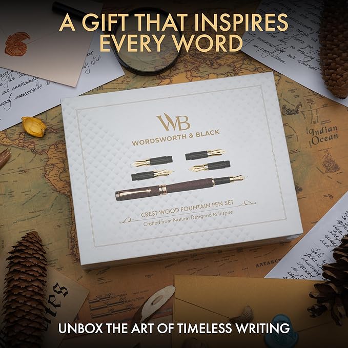 Wordsworth & Black Fountain Pen Gift Set, Includes Ink Bottle, 6 Ink Cartridges,Refill Converter, 4 Replacement Nibs, Luxury Bamboo, Journaling, Calligraphy, Smooth Writing Pens [Violet Wood]