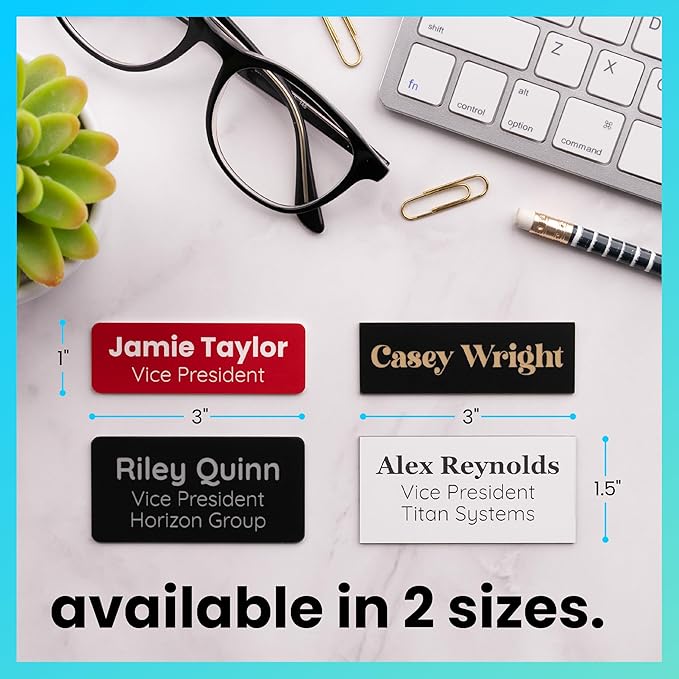 ExcelMark Custom Name Tag - Engraved Name Badge with Pin or Magnetic Backing, 16 Colors, 6 Fonts, and 2 Sizes to Choose from (White w/Blue Letters, 1"x 3")