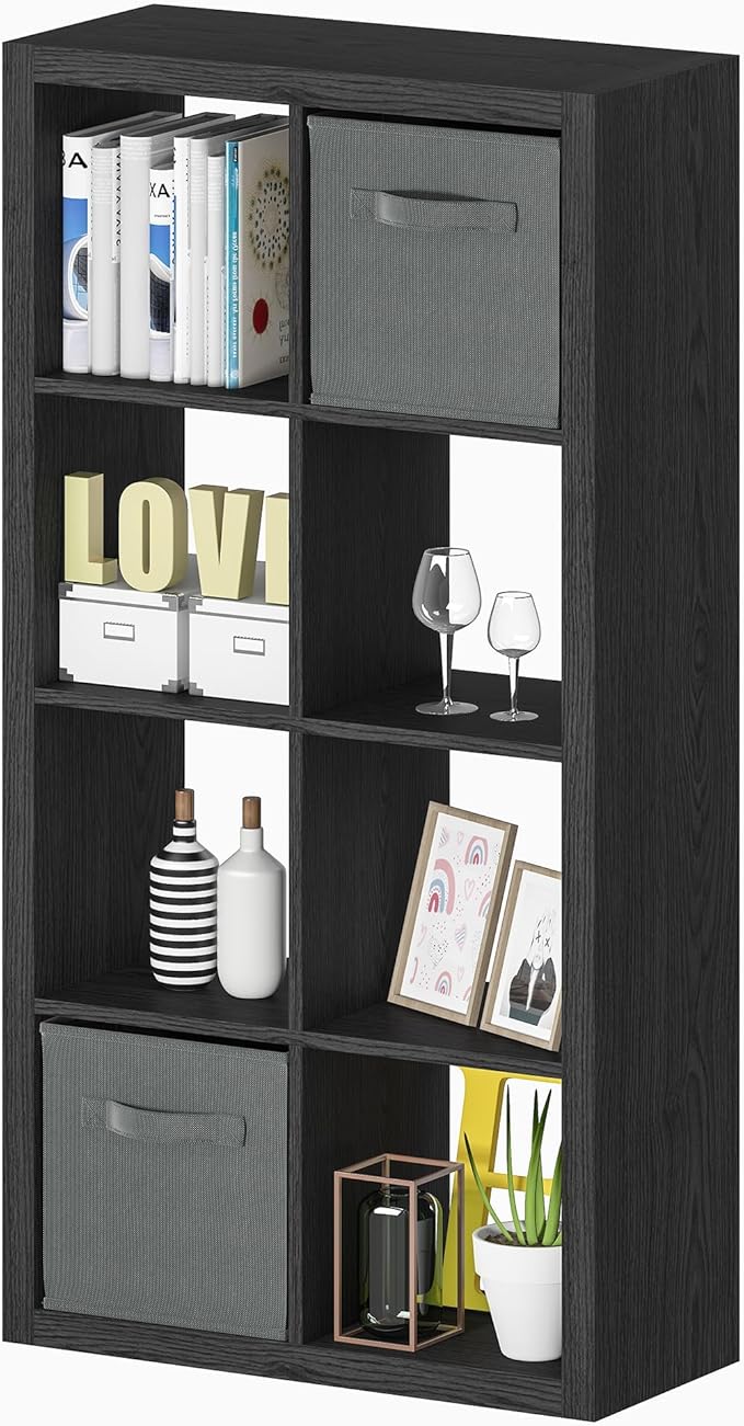Bookshelf with Storage Bins, 8-Cube Storage Organizer, Modern Black Bookshelf for Bedroom, Multifunctional Display Cube Bookshelves for Living Room, Bedroom, Home Office