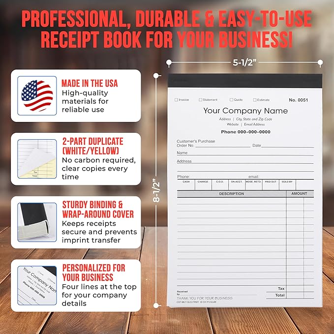 Custom Sales, Invoice, Statement, Estimate, Quote, Personalized Multipurpose Duplicate Carbonless Form with Your Company Name - 5 Books (250 Sets) Numbered
