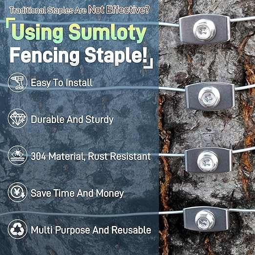 Sumloty 50-Pack 304 Stainless Steel Fence Staples, 1.6 Inch Reusable Fence Screw Nails for Wire Mesh and Woven Fencing, Easy Install with Power Drill