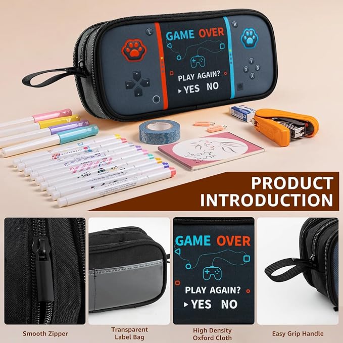 Easozoom Large Game Controller Pencil Case for Teen Boy Kid Capacity Pen Box Pouch Organizer Holder Bag with 3 Compartments & Zipper School College Office Supplies (1PCS Pencil Case) (Gray)