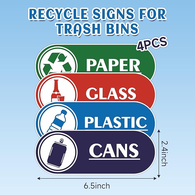 4PCS Recycle Stickers for Trash Bins,Self-adhesive Waterproof Trash Recycle Stickers, Recycling Labels for Trash Can, Home, Office, Apartment, Hotel, School and Public Area