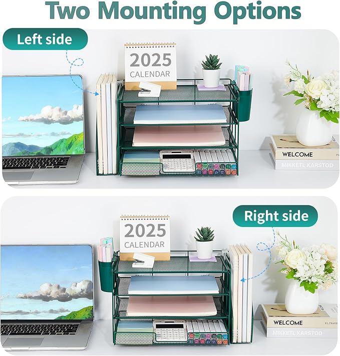 OPNICE Desk Organizer, 4-Tier Desktop File Organizer with Drawer and 2 Pen Holders, Office Desk Accessories, File Sorters, Workspace Organizers for Office Supplies(Dark Green)