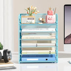 Subekyu 6-Tier Desk Paper Organizer, Desktop File Letter Tray with Handle, Document Sorter and Accessories Holder for Office, Home and School Workspace Organizers, Blue-2 Pack