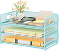 Subekyu 3 Tier Paper Desk Organizer with Handle and 1 PC Slideable Letter Tray, A4 Paper File Folder Sorter Metal Mesh Organizer for Home Office School Desk Supplies Organization Storage, Blue