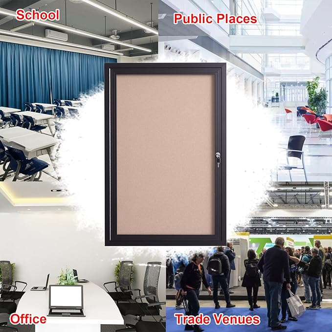 36x24 Inch Lockable Enclosed Bulletin Board, Weather-Resistant Outdoor Noticeboard with Locking Doors, Wall-Mounted Black Aluminum Frame & Cork Presentation Board