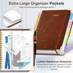 Hardcover Spiral Notebook 6.2"x 8.2" Journal Notebook with Tabs and Removable Dividers 300 Pages 5 Subject Notebook College Ruled, Faux Leather Spiral Bound Notebook for Women School Work (Brown)