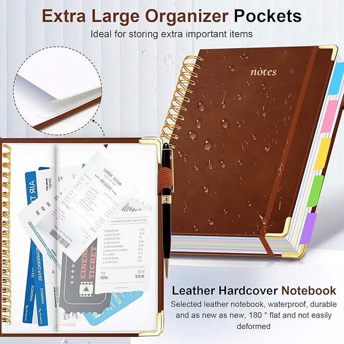 Hardcover Spiral Notebook 6.2"x 8.2" Journal Notebook with Tabs and Removable Dividers 300 Pages 5 Subject Notebook College Ruled, Faux Leather Spiral Bound Notebook for Women School Work (Brown)