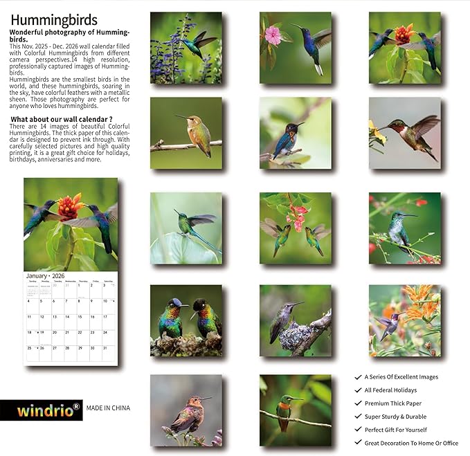 2026 Wall Calendar,Calendar 2026, November 2025 - December 2026, Wall Calendar Hummingbird, 12" x 24" Opened,Full Page Months Thick & Sturdy Paper for Calendar Organizing & Planning
