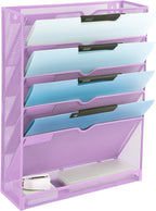 EASEPRES 6 Tier Mesh Hanging Wall File Organizer, Desk Vertical Mail Paper Document Folder Holder Rack with Bottom Tray and Nametag Label for Office Home School, Light Purple