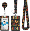 Floral Bookshelf Lanyards for ID Badges, Badge Holder with Lanyard Detachable, Badge Reel Retractable Keychain Clip, Cruise Ship Cards Holder Protector Name Tags, Teacher Nurse Office Women Gifts