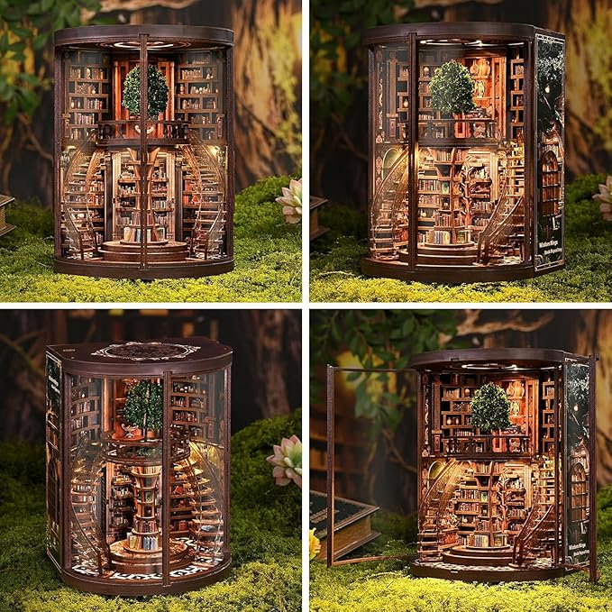 Book Nook Kit, Miniature House Kit, Miniature Kit, DIY Crafts for Adults, Book Repository,Wooden Miniature Library Bookend with LED Light, 3D Decorative Shelf Insert, Gift for Book Lovers (1PCS)