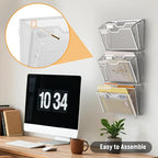 Docnest 2 Tier Mesh Wall File Holders with Hooks – 3 Pack Hanging Letter Holder - Document Organizer for Mail, Paper, Office, Home, School – Space-Saving Wall Mounted Folder Holder – White