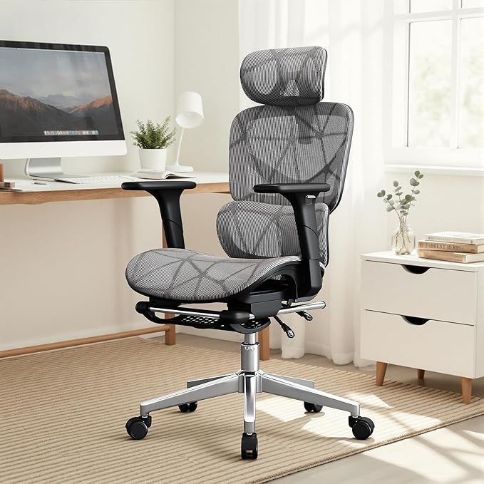 Opiesit Office Chair with 3D Adjustable Lumbar Support,Ergonomic Computer Chair,Adjustable Headrest and Armrests, 400lbs Capacity,Tilt-Swivel,Premium Mesh Desk Chair for Office,Home & Gaming (Grey)