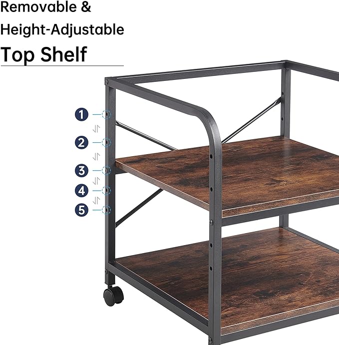 Fannova Under Desk Printer Stand, 20 Inches Deep Large Printer Table with Height Adjustable Storage Shelf, 2 Tier Rolling Printer Cart with Wheels for Home Office - Rustic Brown