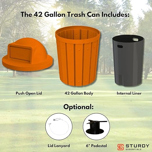Campus Collection 42 Gallon Slatted Round Heavy-Duty Plastic Commercial Outdoor and Indoor Trash Can with Push Open Dome Lid and Internal Liner | Great for Schools and Businesses - Orange