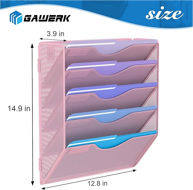 Gawerk 5 Tier Hanging Wall File Organizer, Mesh Mail Paper Orgnization Hanging File Folder Holder for Home Office, Pink