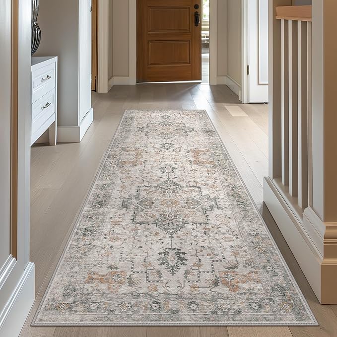 GENIMO Runner Rug 2'6"x5 Machine Washable Non Slip Vintage Hallway Runner Rug, Low Pile Lightweight Rugs for Indoor Entryway, Hallway, Kitchen and Corridor, Light Taupe Brown